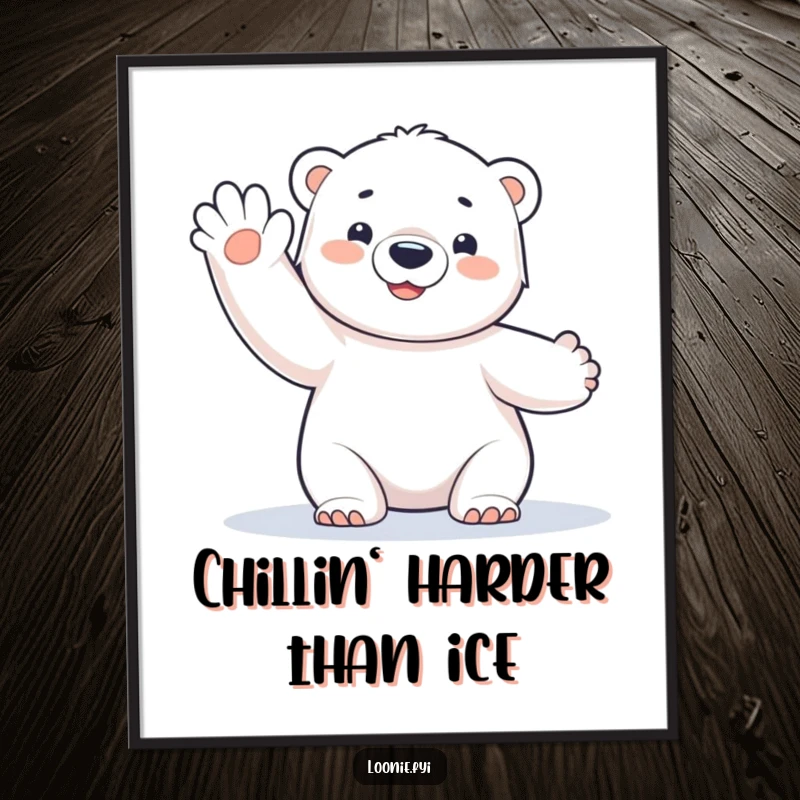 Funny Free Printable Wall Art: A charming polar bear cub waves hello with a frosty, joyful expression.