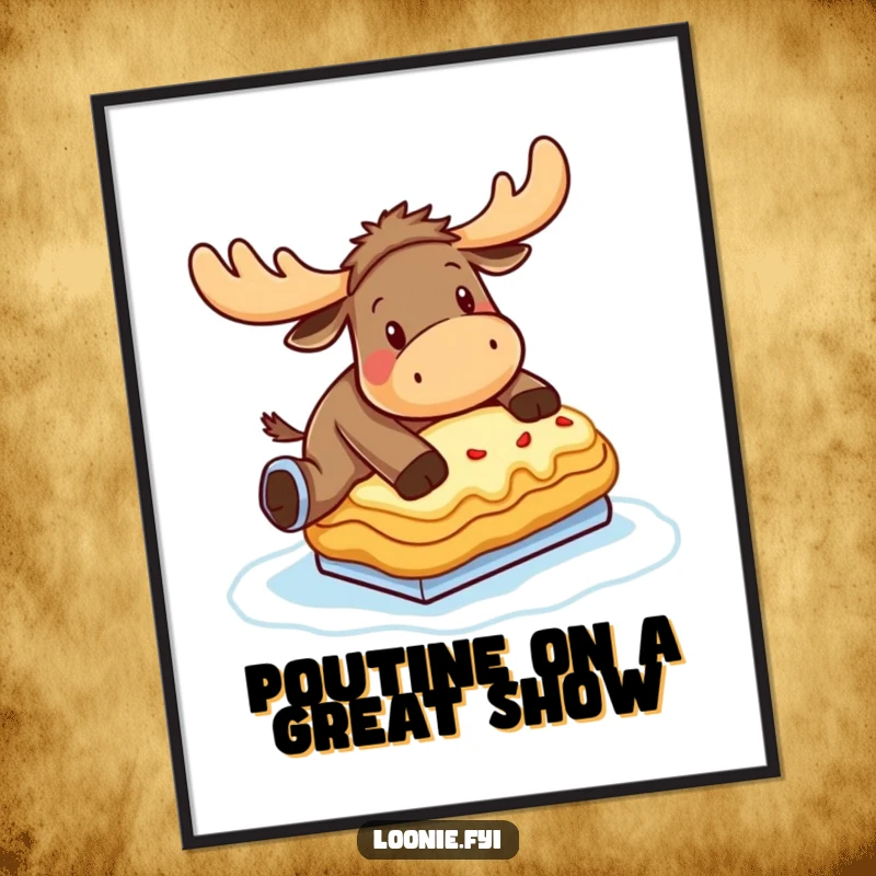 Funny Free Printable Wall Art: A moose comically ice skating on a giant poutine, showcasing Canadian humor.