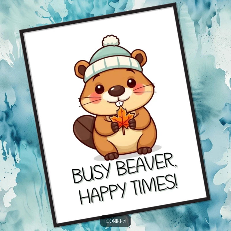Funny Free Printable Wall Art: Beaver wearing a tiny toque, holding a miniature maple leaf, charming Canadian downloadable art.