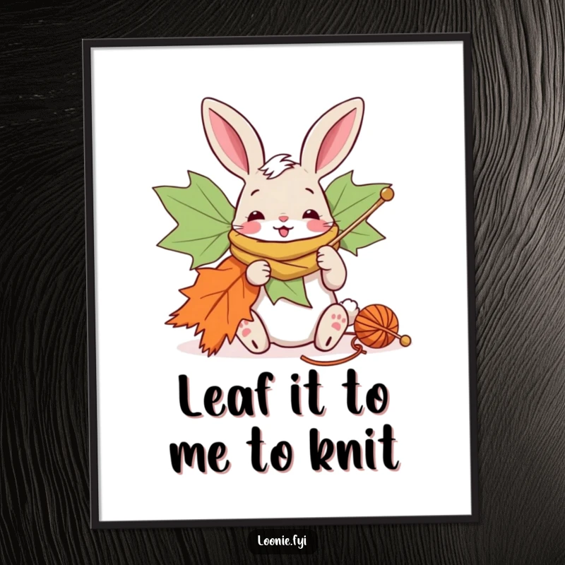 Free Printable Wall Art: Cheerful bunny knitting a giant maple leaf scarf with oversized needles, a cozy scene.