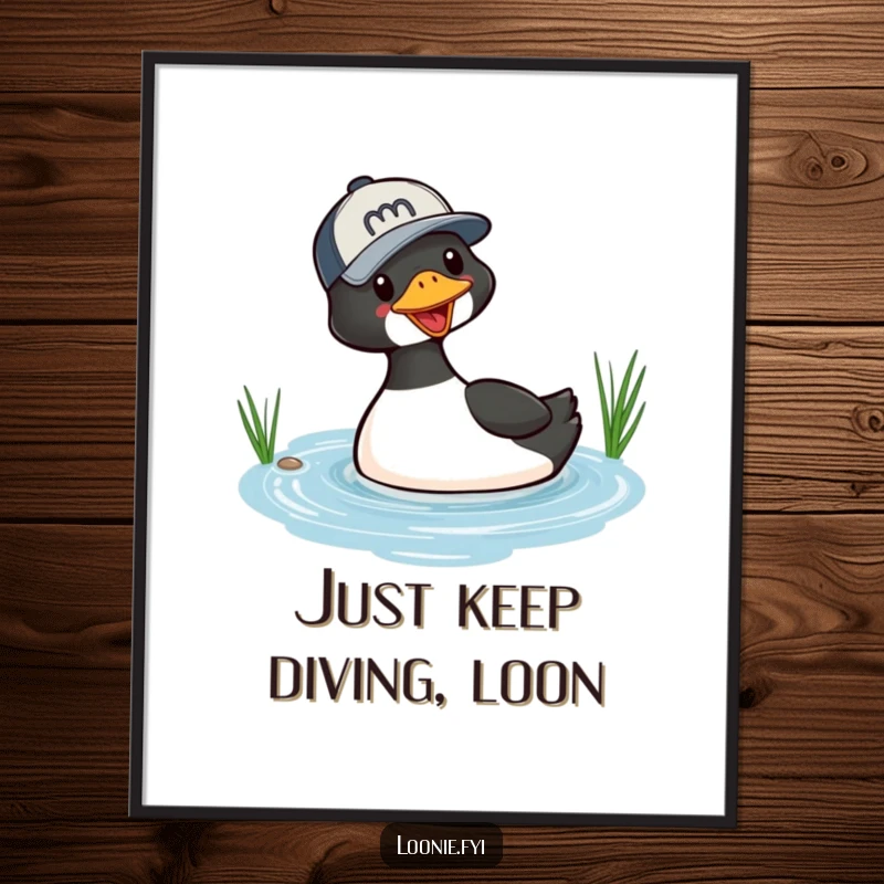 Funny Free Printable Wall Art: A playful loon in a baseball cap executes a stylish dive into a serene lake.