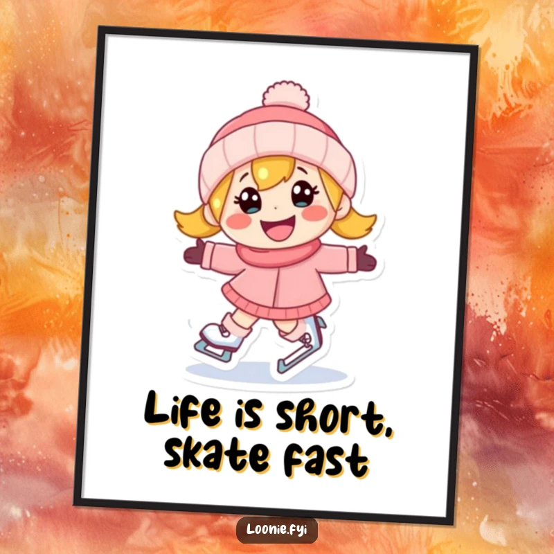 Funny Free Printable Wall Art depicts a happy character ice skating with a determined grin, embodying winter joy.