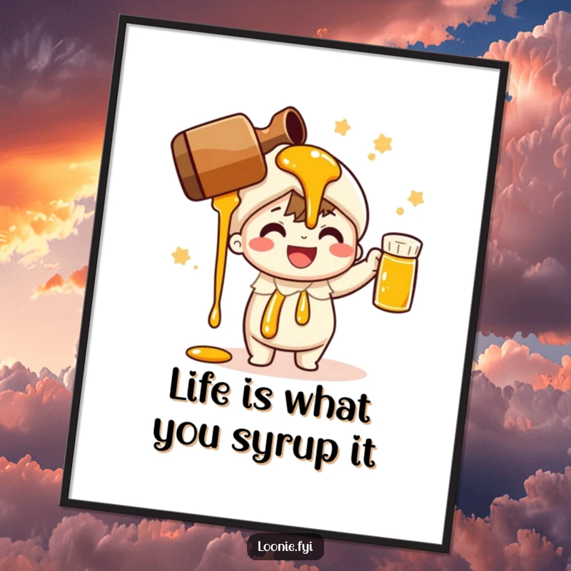 Funny Free Printable Wall Art depicts a cheerful character joyfully pouring maple syrup, symbolizing celebration and sweetness.