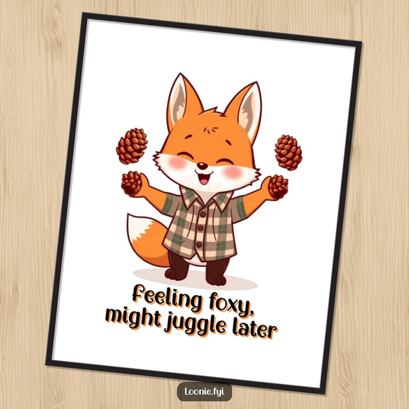 Funny Free Printable Wall Art: A joyful fox in a plaid shirt gleefully juggles three pinecones, showcasing its playful spirit.