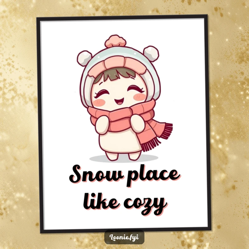 Funny Free Printable Wall Art: Giggling character in a cozy scarf playfully shivering, a whimsical downloadable piece for winter decor.