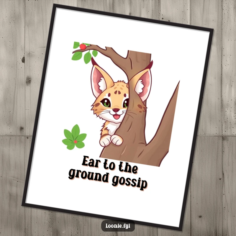 Funny Free Printable Wall Art: A happy lynx with large ears peeks from behind a tree, embodying forest mystery and charm.