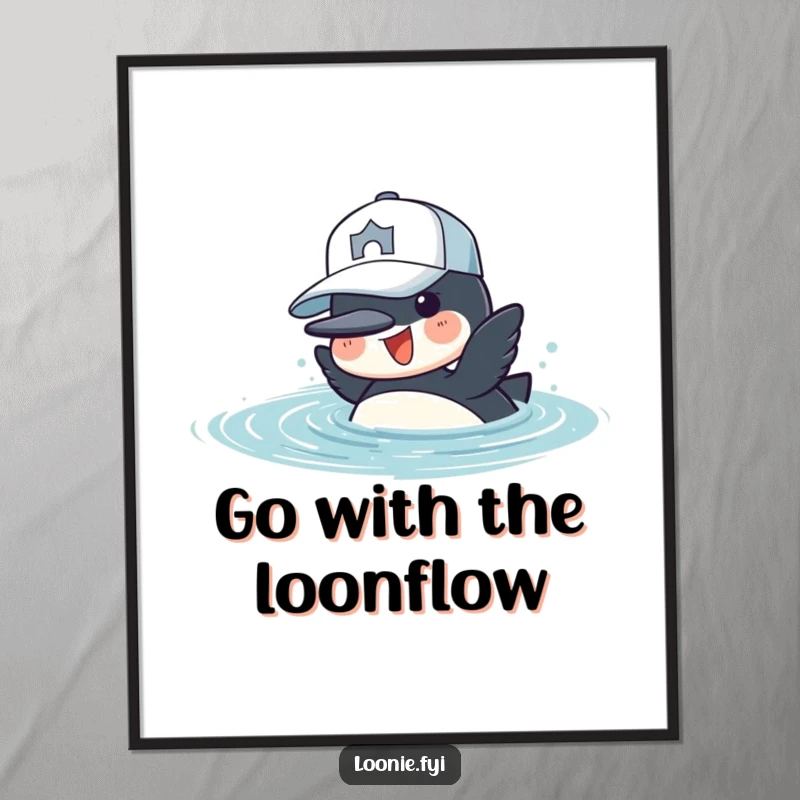 Funny Free Printable Wall Art: A cheerful loon wearing a baseball cap is captured mid-dive into water.