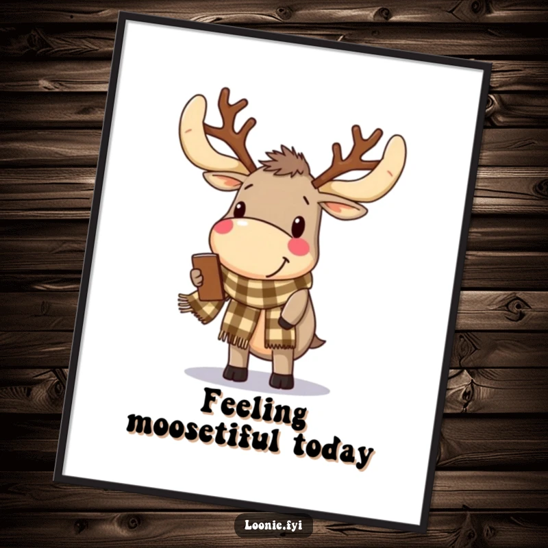 Funny Free Printable Wall Art: A delighted moose with large antlers and a checkered scarf is browsing.