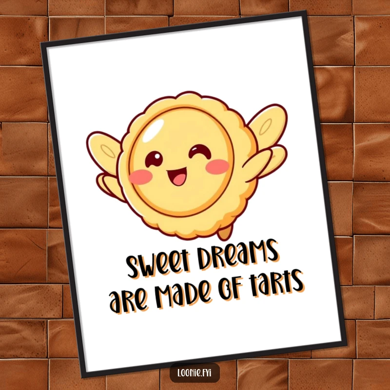 Funny free printable wall art of a smiling butter tart character attempting flight with cookie wings, a whimsical piece.