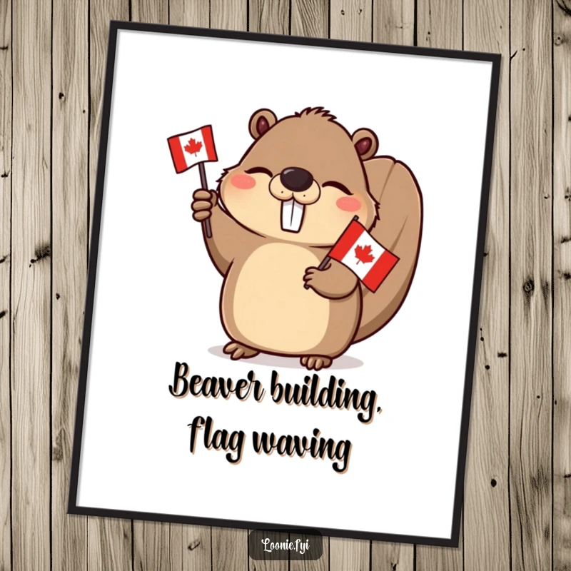 Funny Free Printable Wall Art: Winking beaver enthusiastically waving a small Canadian flag. Humorous downloadable Canadian decor.