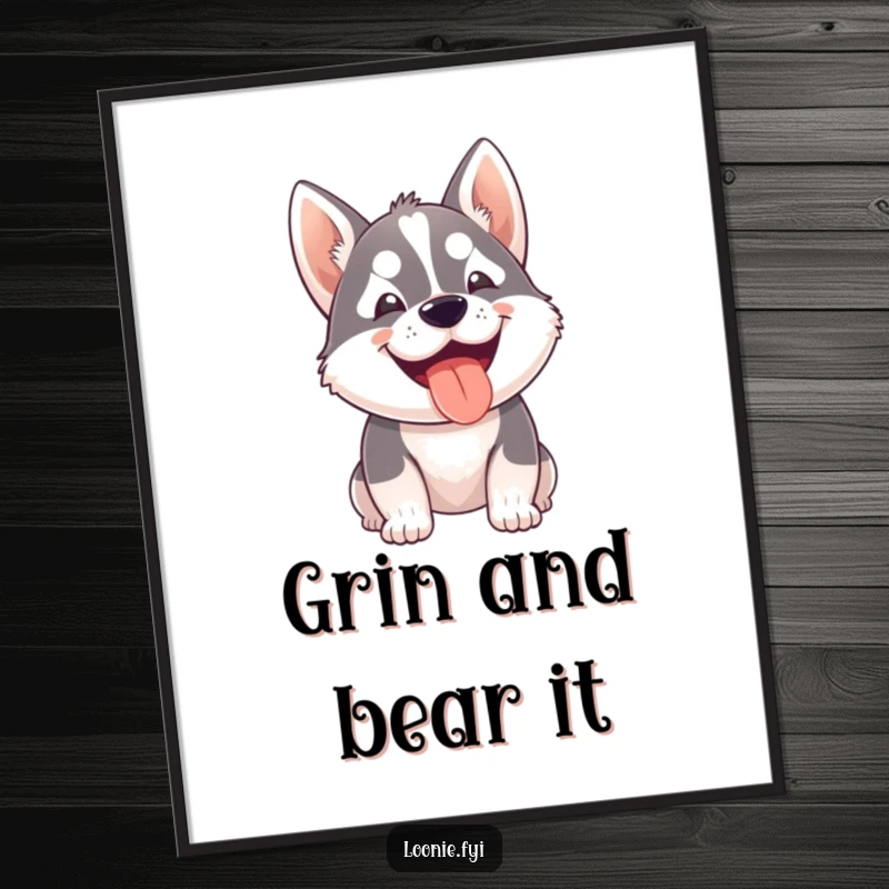 Funny Free Printable Wall Art: Small husky dog eagerly panting with a huge happy grin, cheerful downloadable decor.