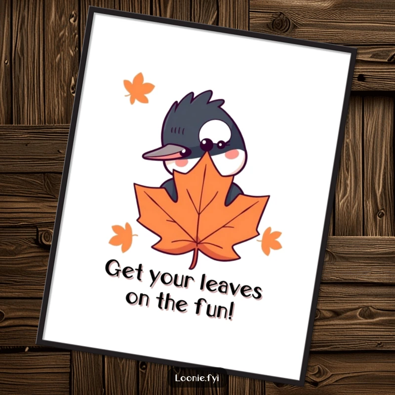 Funny Free Printable Wall Art: A curious loon with big eyes peeks from behind a large, stylized maple leaf, bringing humor indoors.