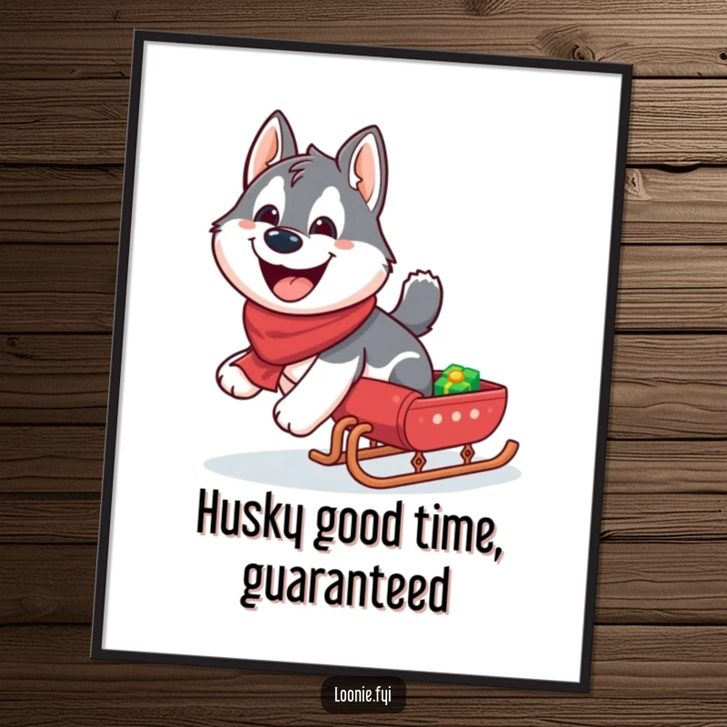 Funny Free Printable Wall Art: Giggling husky pulling a sleigh with a grin, perfect for humorous downloadable DIY home decor.