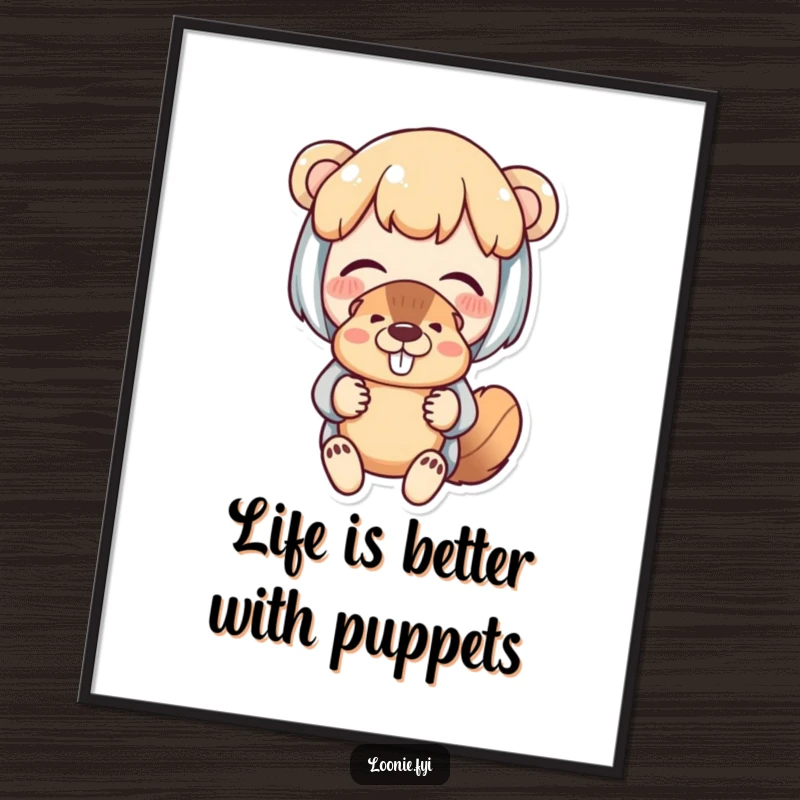 Funny Free Printable Wall Art depicts a delighted character holding a beaver puppet with fond amusement, spreading cheer.