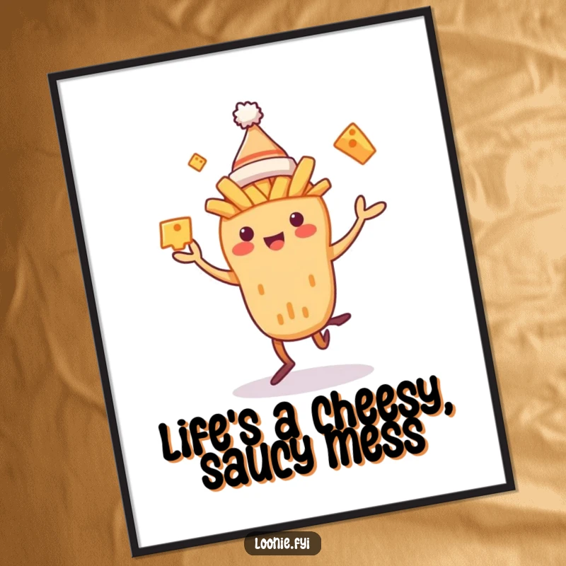 Funny Free Printable Wall Art: A cheerful poutine creature in a toque, energetically juggling cheese curds like a pro.