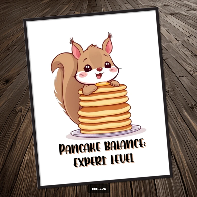 Funny Free Printable Wall Art: Cheerful squirrel balancing a tall stack of pancakes, whimsical downloadable home decor.