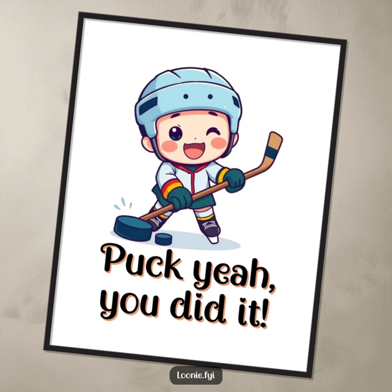 Funny Free Printable Wall Art depicts a jubilant character playing hockey with a puck, capturing the game's excitement.