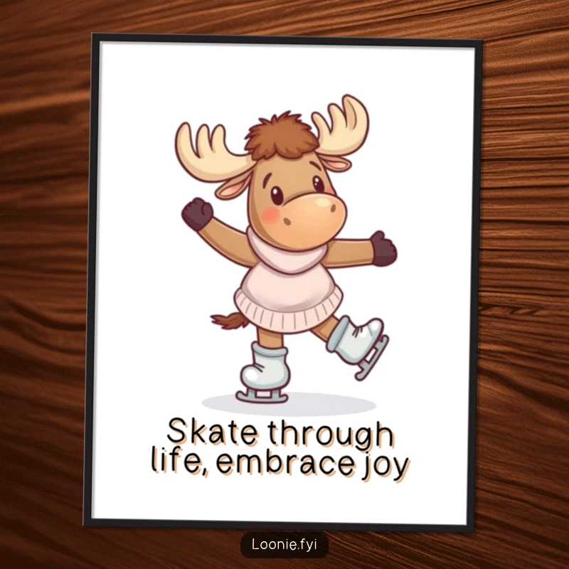 Funny Free Printable Wall Art: A joyful moose wearing ice skates spins in delight.