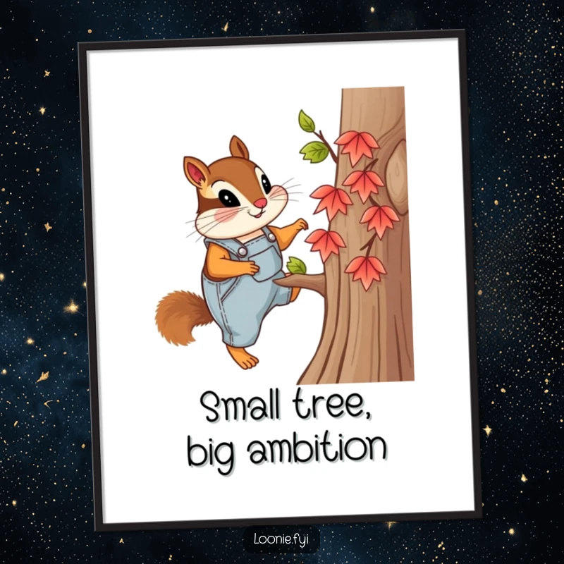 Funny Free Printable Wall Art: A curious chipmunk in overalls actively climbs a tiny maple tree, bringing natural charm and humor.