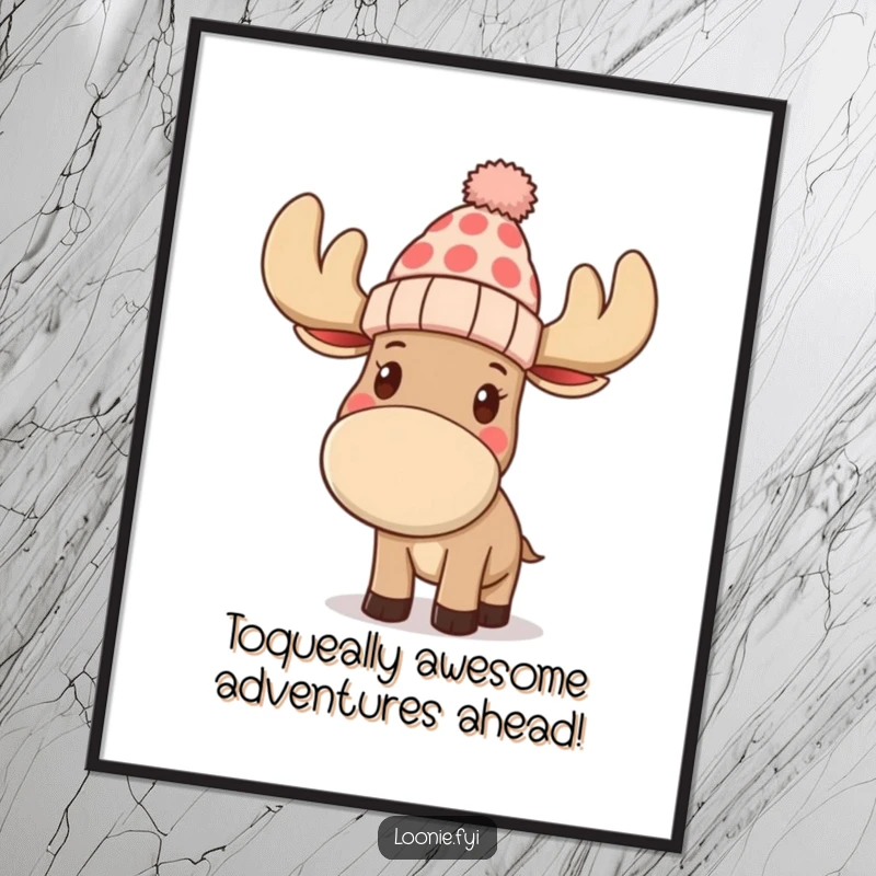 Funny Free Printable Wall Art: A friendly moose wearing a winter toque, waving hello with a warm smile.