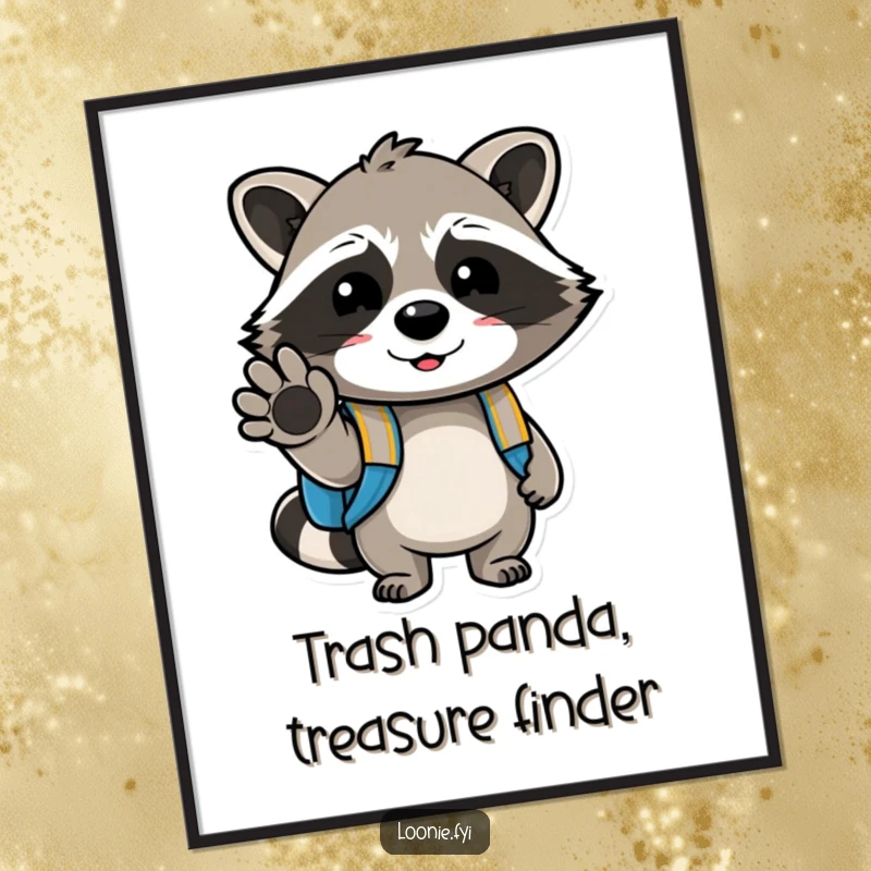 Funny Free Printable Wall Art: A cheerful raccoon with a backpack winks slyly, bringing playful and adventurous vibes to your decor.