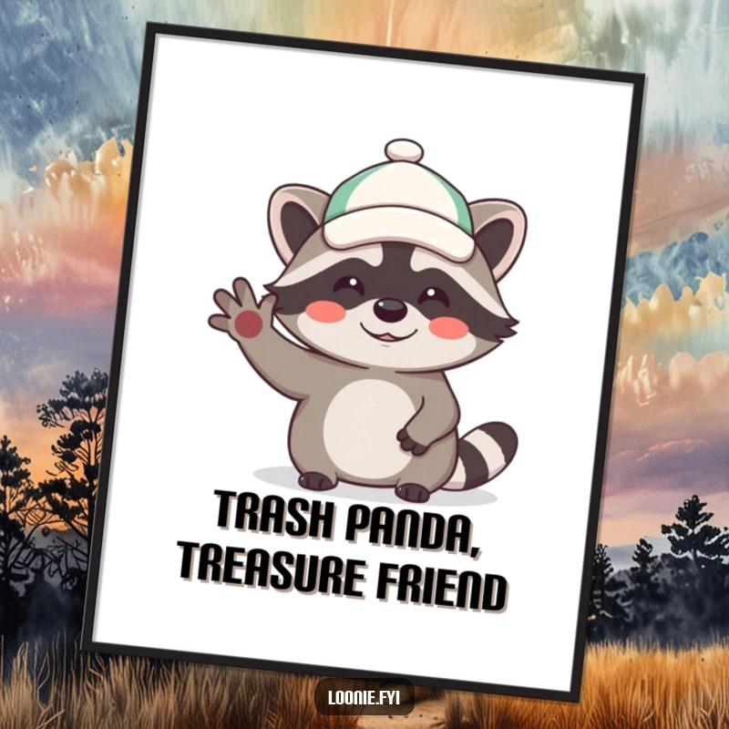 Funny Free Printable Wall Art: A giggling raccoon wearing a tiny cap waves hello, exuding playful mischief and joy.