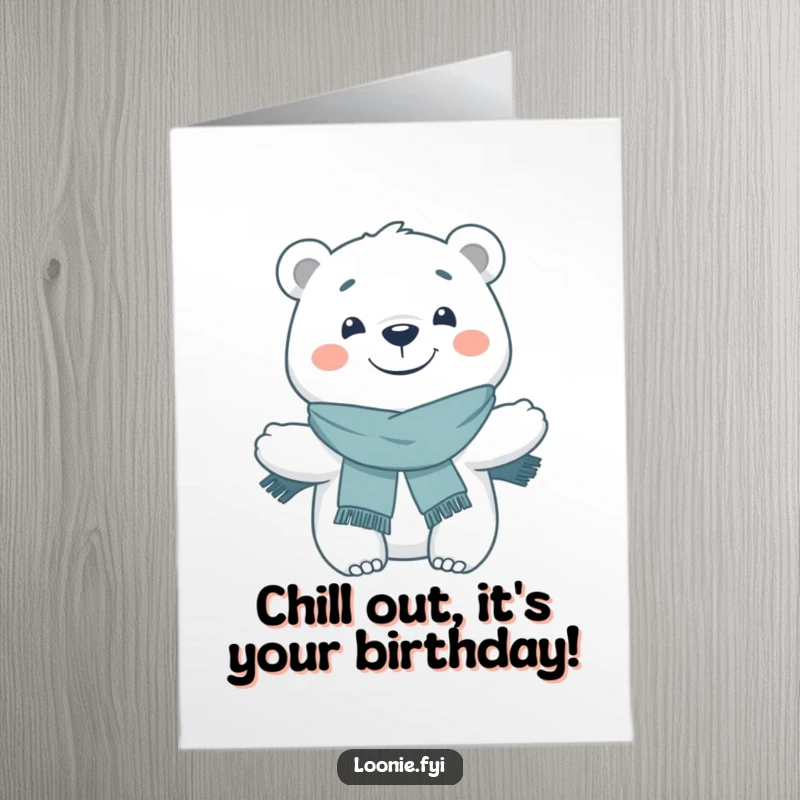 Funny Free Printable Birthday Card: A happy polar bear wearing a scarf, grinning widely.
