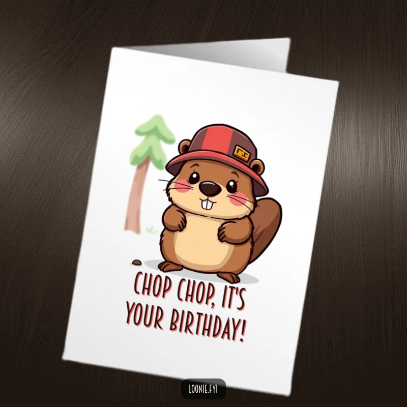 Funny Free Printable Birthday Card: Beaver in lumberjack hat enthusiastically chopping a tree with an axe.