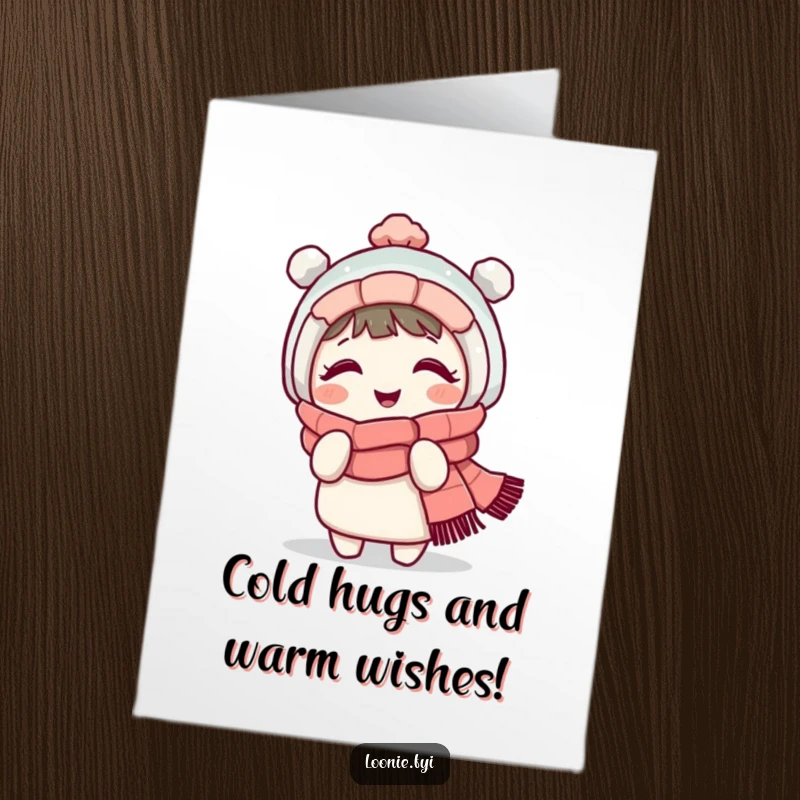 Funny Free Printable Birthday Card: Giggling character in a cozy scarf shivers playfully, offering a downloadable dose of winter humor.