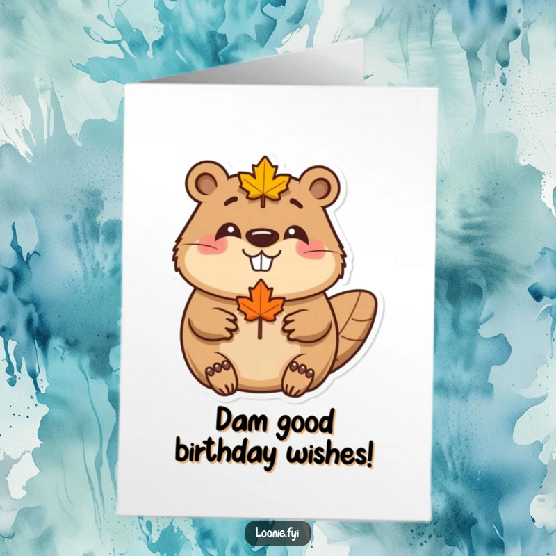 Funny Free Printable Birthday Card: A happy beaver in a maple leaf, smiling cheerfully, ready to send birthday wishes.