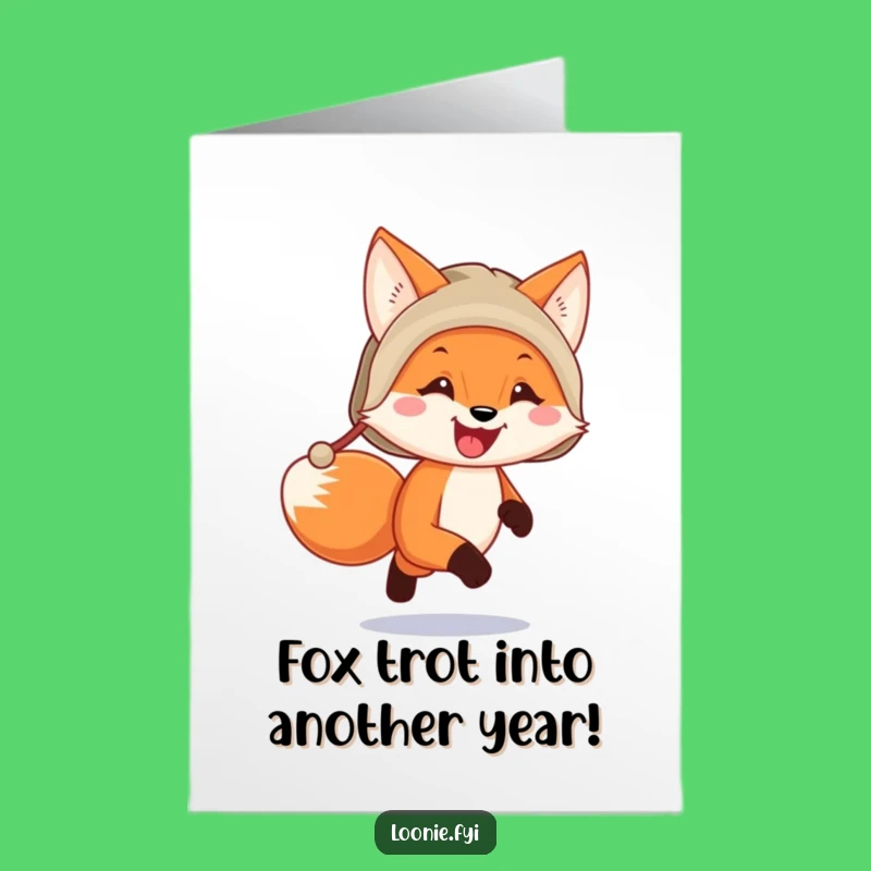 Free Printable Birthday Card: Funny Running Fox Trapper Hat Design for a Hilarious Downloadable Gift