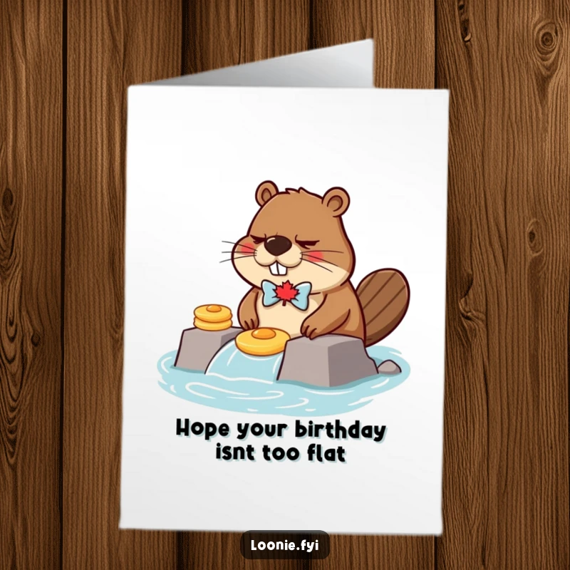 Funny Free Printable Birthday Card: Grumpy beaver in a maple leaf bow tie attempting a dam with pancakes, hilarious.