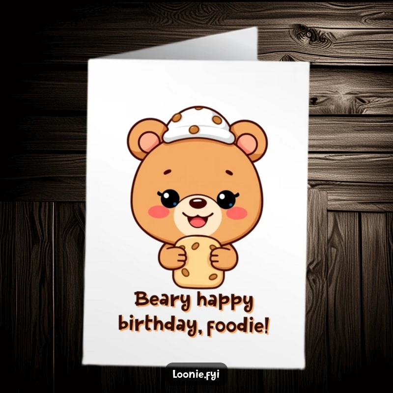 Funny Free Printable Birthday Card: Happy bear in a chef's hat dreams of a cookie, wishing you a very sweet birthday.