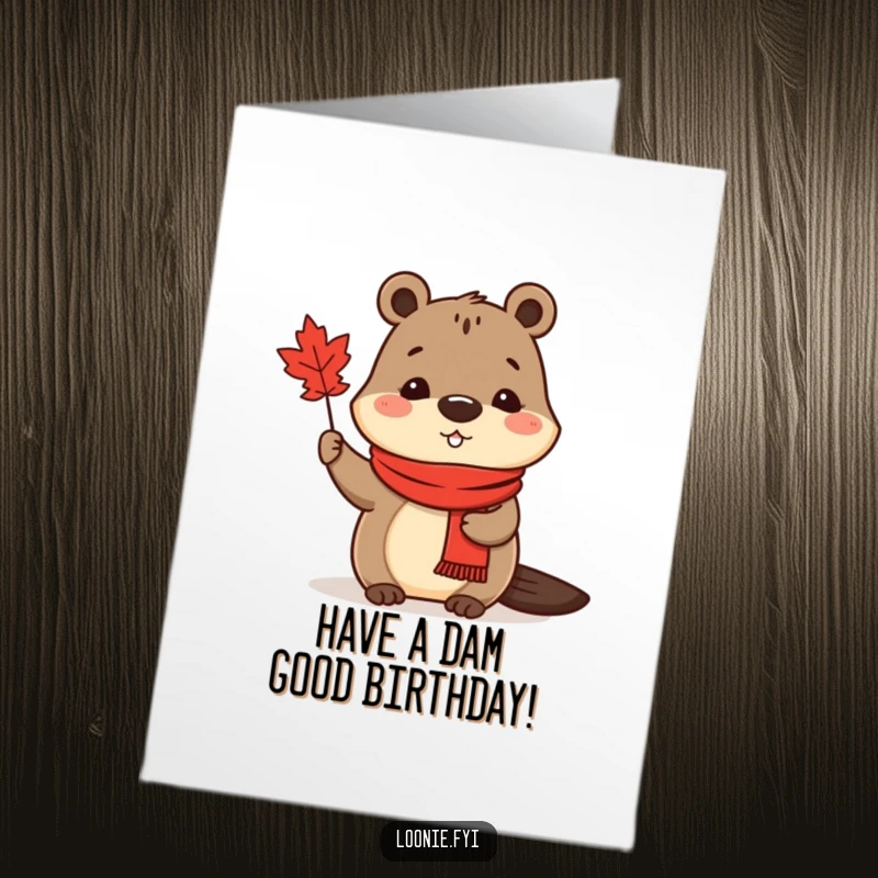 Funny Free Printable Birthday Card: A cute beaver in a red scarf waves a tiny Canadian maple leaf happily.