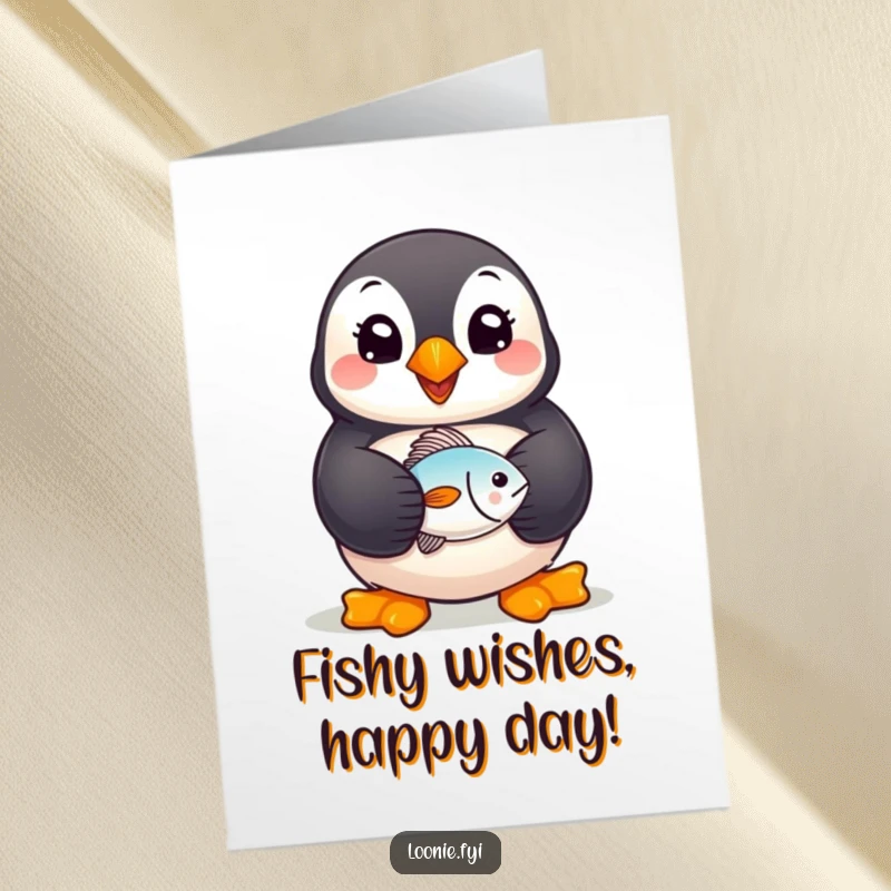 Funny Free Printable Birthday Card: Cheerful puffin holding a tiny fish, smiling wide, ready to celebrate. Downloadable birthday art.