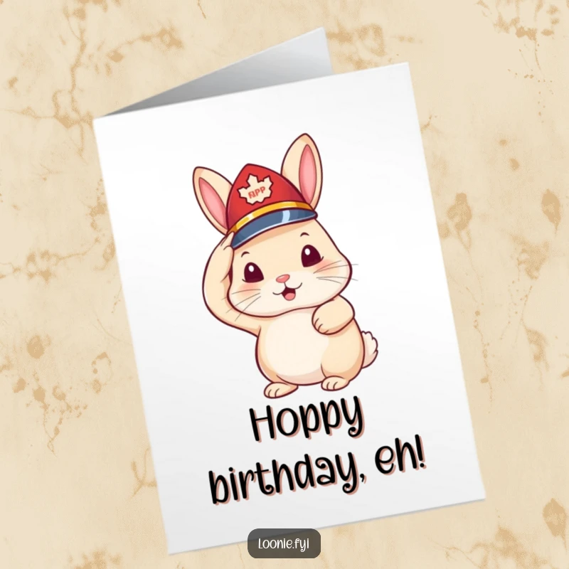 Funny Free Printable Birthday Card: Little rabbit in tiny RCMP hat saluting proudly, cute downloadable gift.