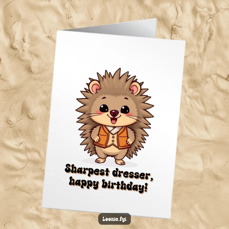 Funny Free Printable Birthday Card: Delighted porcupine in a vest, ready to celebrate your special occasion with style.