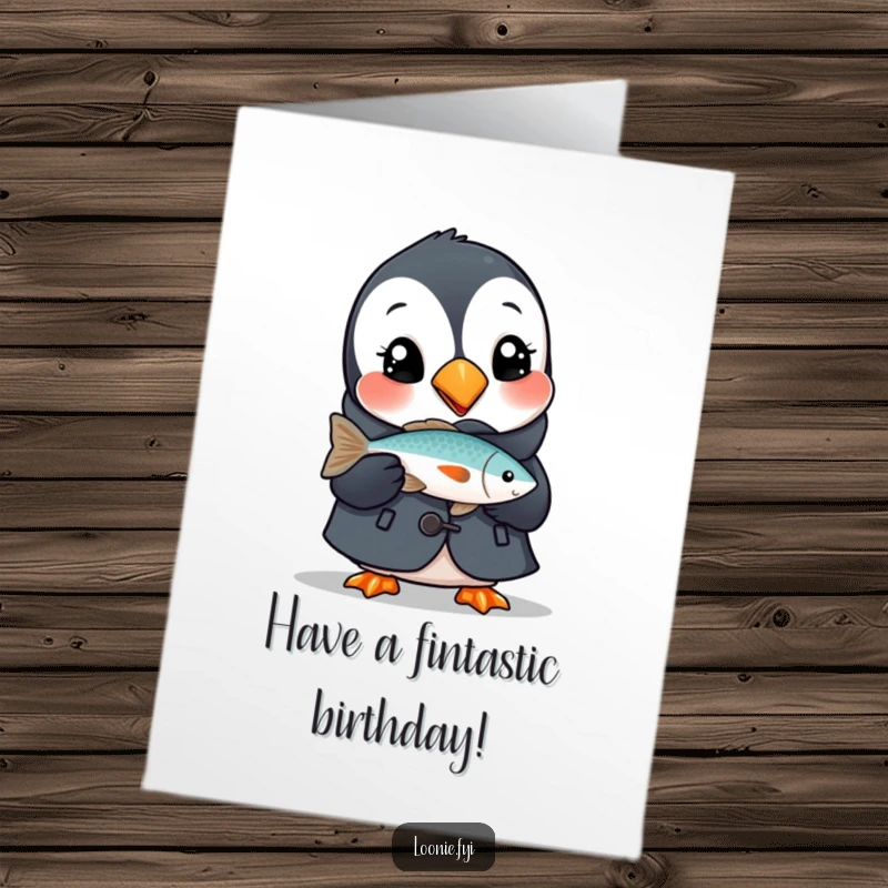 Funny Free Printable Birthday Card: A delighted puffin in a tiny coat proudly holds a fish, ready for birthday cheers.