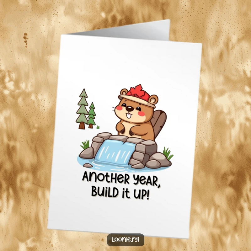 Funny Free Printable Birthday Card: Happy beaver in a maple leaf hat builds a small dam, celebrating.