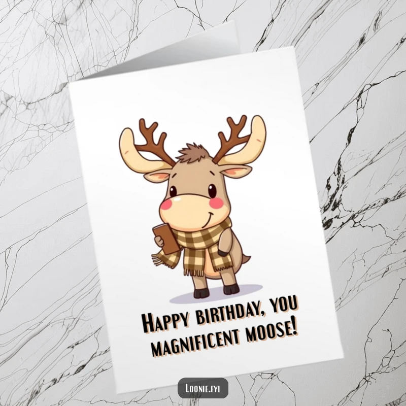 Funny Free Printable Birthday Card: Delighted moose with impressive antlers and a scarf is browsing casually.