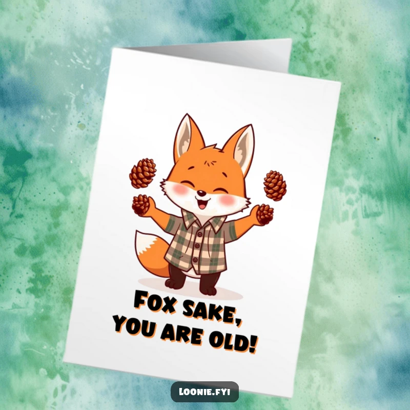 Funny Free Printable Birthday Card: Giggling fox in plaid shirt hilariously juggles pinecones, spreading joy and laughter.