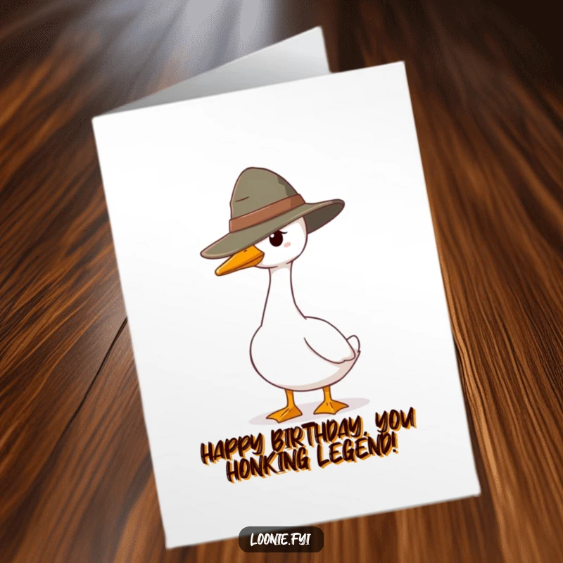 Funny Free Printable Birthday Card: Goose in ranger hat standing alertly on guard, protecting a birthday cake.
