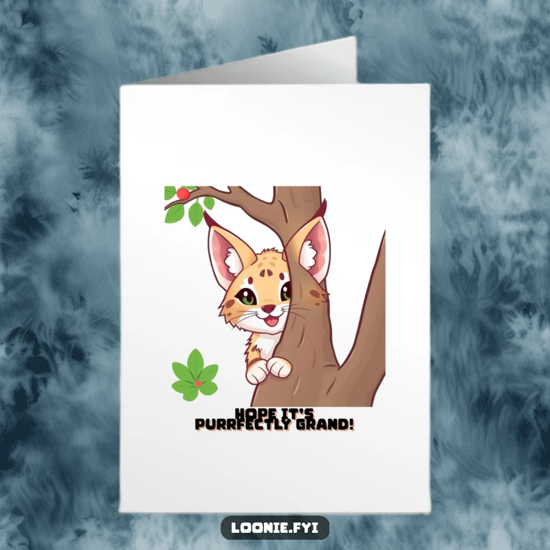Funny Free Printable Birthday Card: A happy lynx with large ears peeks playfully from behind a tree, wishing happy birthday.
