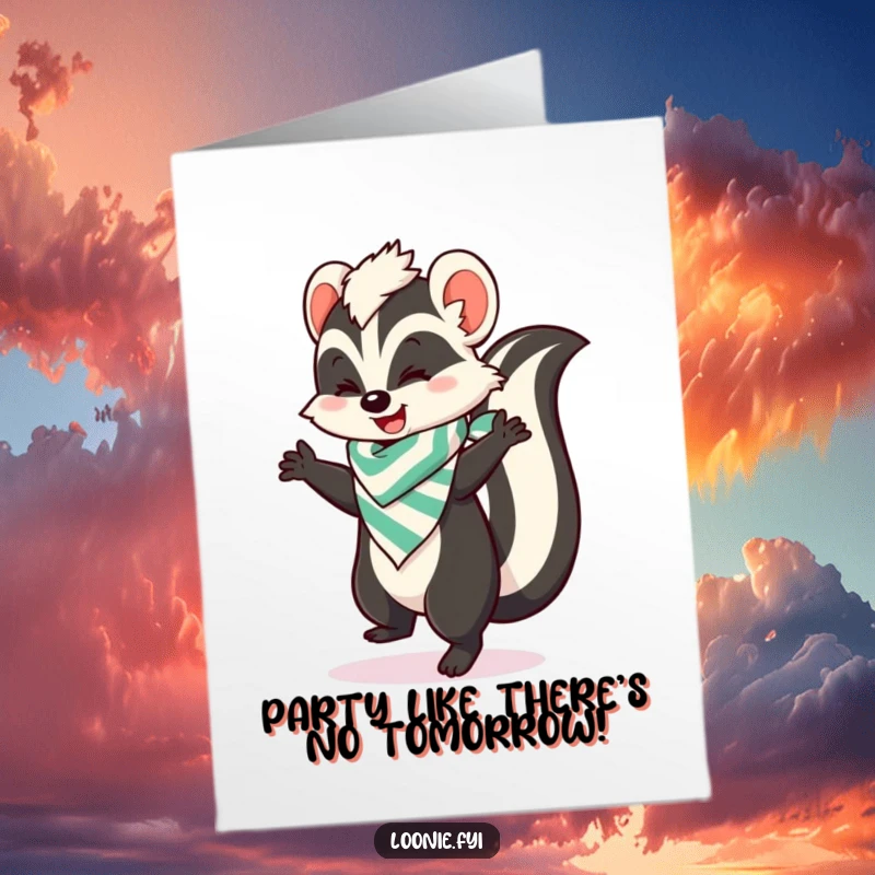 Funny Free Printable Birthday Card: A playful skunk in a stripey bandana busts a happy dance move for the birthday star.