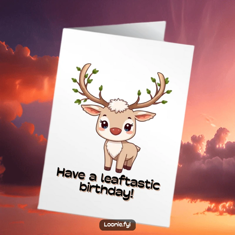 Free Printable Birthday Card: A majestic caribou standing proudly, its antlers decorated with delicate green leaves.