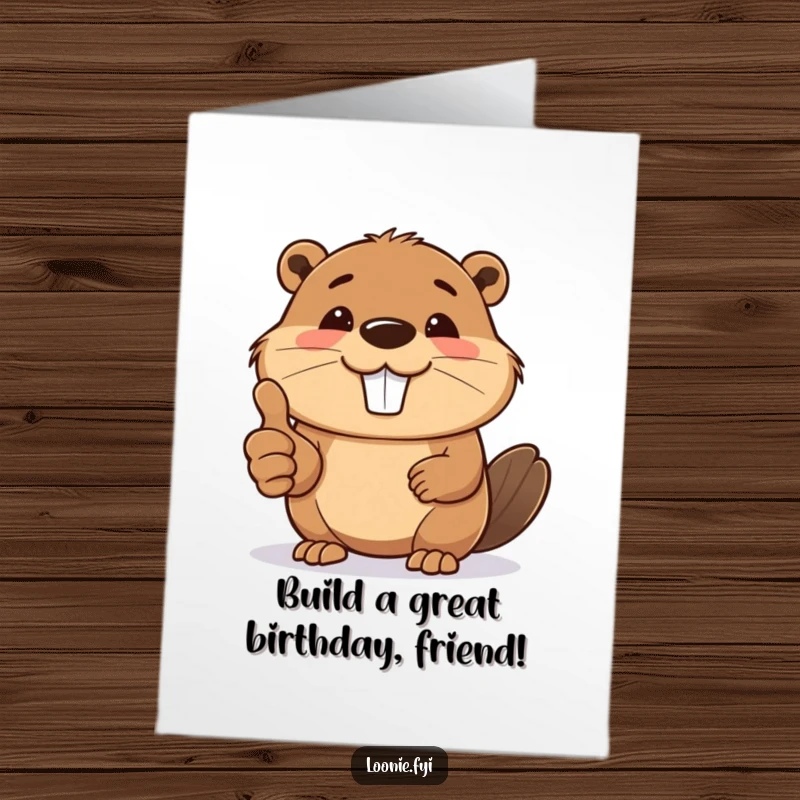 Funny Free Printable Birthday Card: A happy beaver with buck teeth shows a big smile and gives a friendly thumbs up gesture.