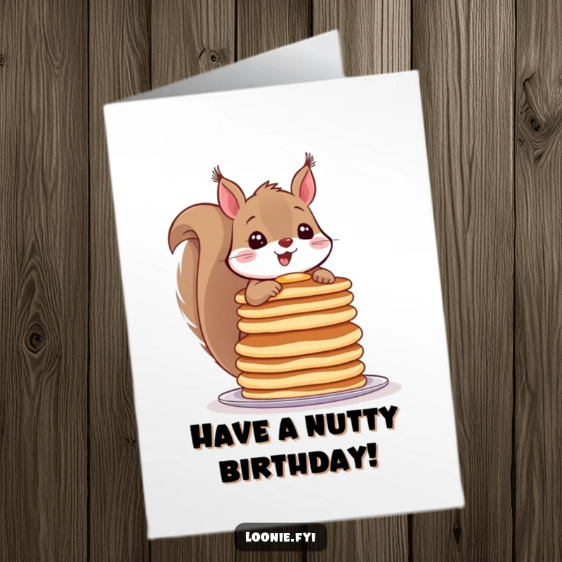Funny Free Printable Birthday Card: Cheerful squirrel balancing a tall stack of pancakes, perfect for birthdays.