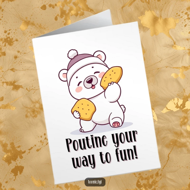 Funny Free Printable Birthday Card: Polar bear in toque comically misses flying poutine, perfect for a laugh.