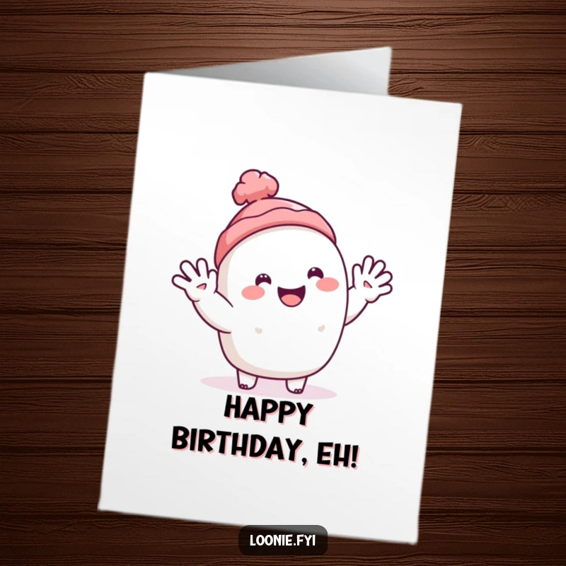 Funny Free Printable Birthday Card: A happy toque character offering a friendly and cheerful wave.