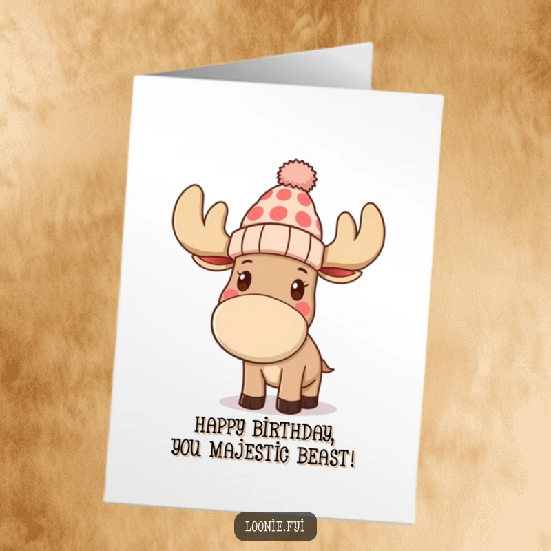 Funny Free Printable Birthday Card: Friendly moose wearing a winter toque waving hello with a big smile.